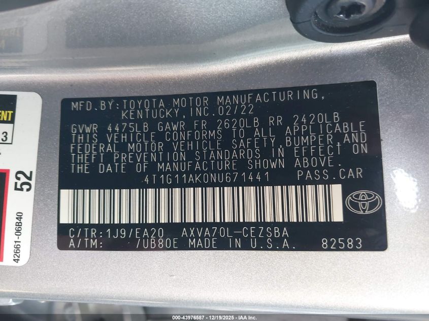 2022 Toyota Camry Se VIN: 4T1G11AK0NU671441 Lot: 43976587