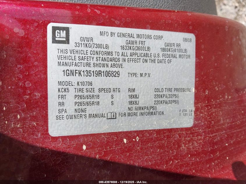 2009 Chevrolet Tahoe Hybrid VIN: 1GNFK13519R106829 Lot: 43976588