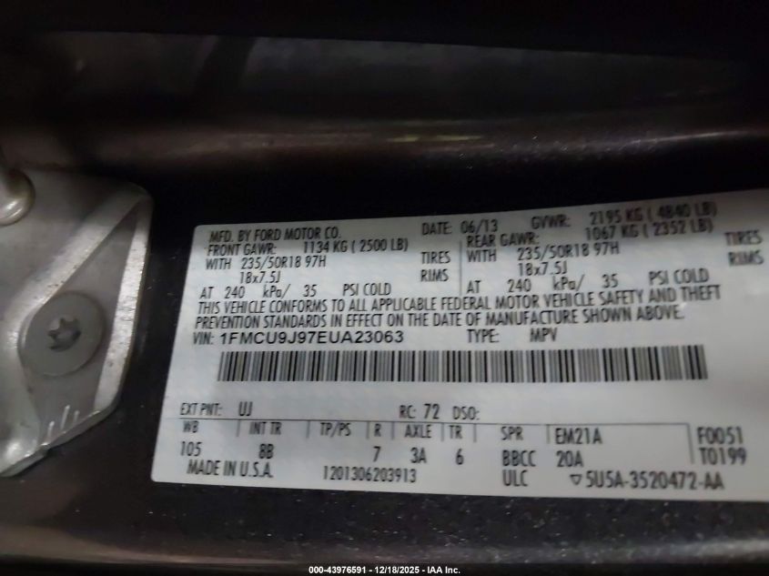 2014 Ford Escape Titanium VIN: 1FMCU9J97EUA23063 Lot: 43976591