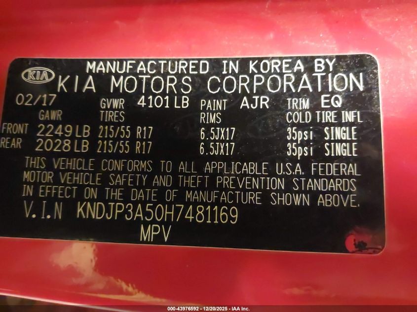 2017 Kia Soul + VIN: KNDJP3A50H7481169 Lot: 43976592