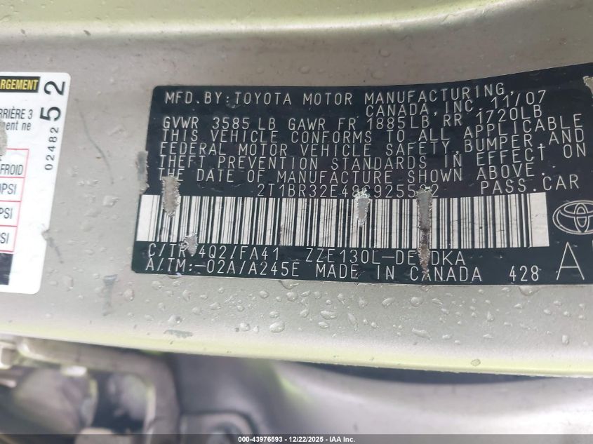 2008 Toyota Corolla Ce VIN: 2T1BR32E48C925522 Lot: 43976593