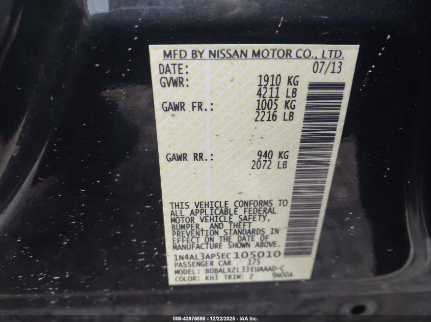 2014 Nissan Altima 2.5 Sl VIN: 1N4AL3AP5EC105010 Lot: 43976598