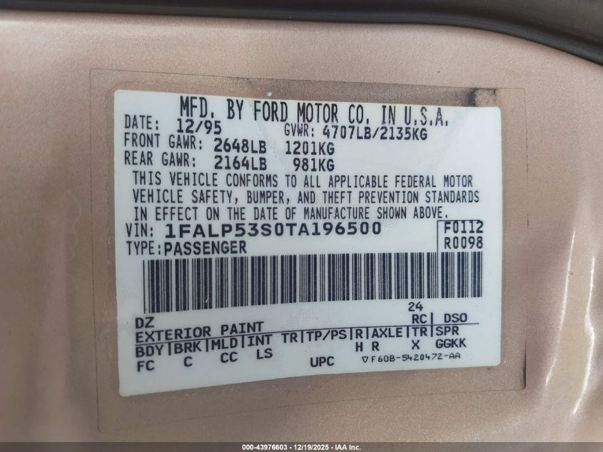 1996 Ford Taurus Lx VIN: 1FALP53S0TA196500 Lot: 43976603