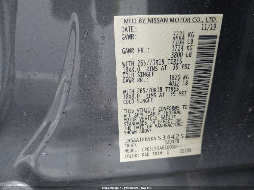 2019 Nissan Titan Sv VIN: 1N6AA1E65KN534425 Lot: 43976607