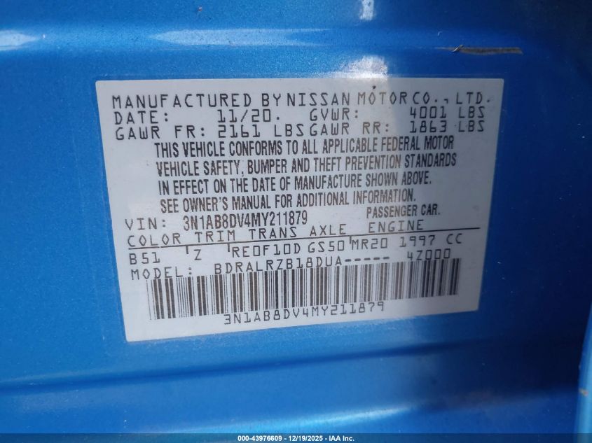 2021 Nissan Sentra Sr Xtronic Cvt VIN: 3N1AB8DV4MY211879 Lot: 43976609