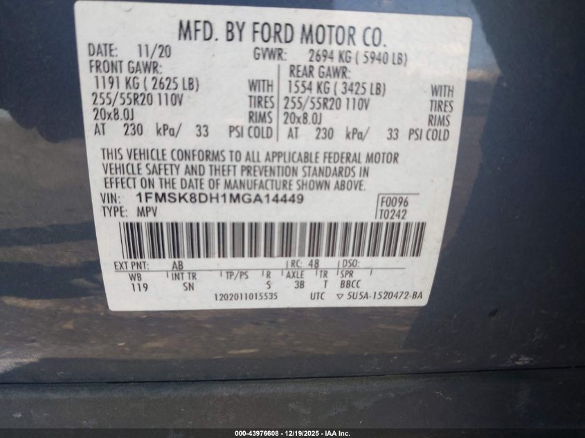 2021 Ford Explorer Xlt VIN: 1FMSK8DH1MGA14449 Lot: 43976608