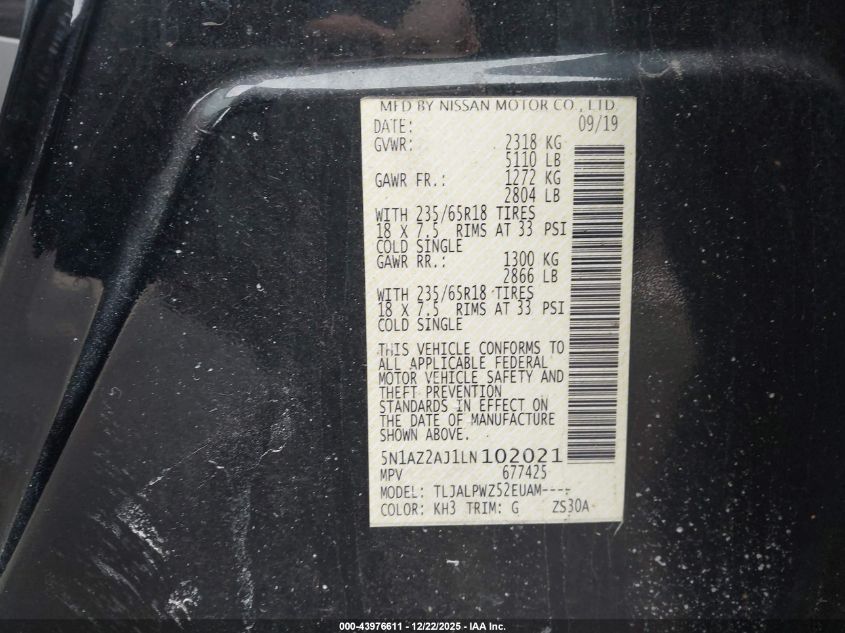 2020 Nissan Murano S Fwd VIN: 5N1AZ2AJ1LN102021 Lot: 43976611