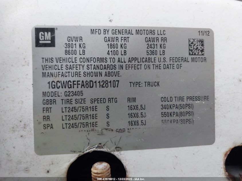 2013 Chevrolet Express 2500 Work Van VIN: 1GCWGFFA8D1128107 Lot: 43976612