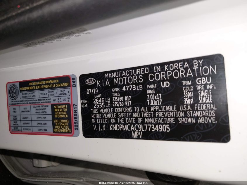 2020 Kia Sportage Lx VIN: KNDPMCAC9L7734905 Lot: 43976613