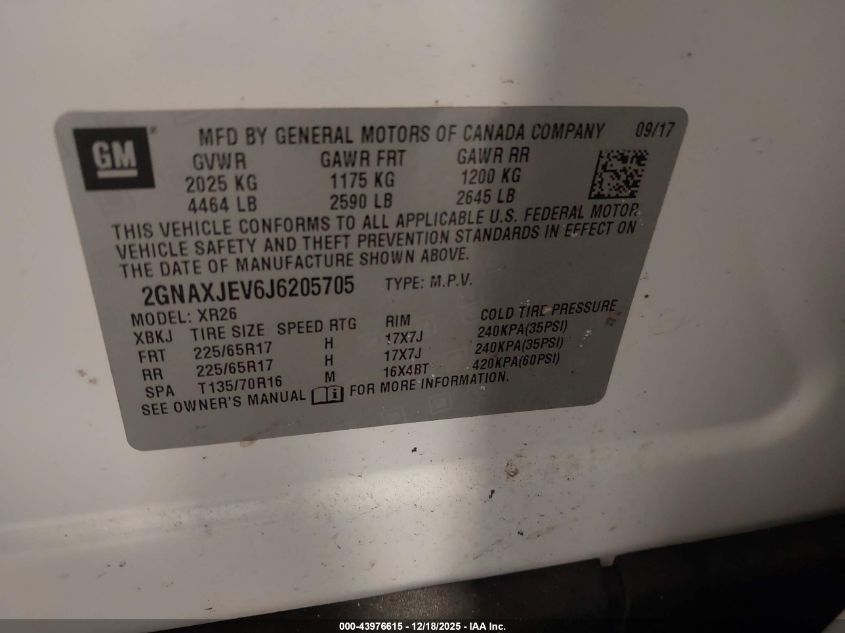 2018 Chevrolet Equinox Lt VIN: 2GNAXJEV6J6205705 Lot: 43976615