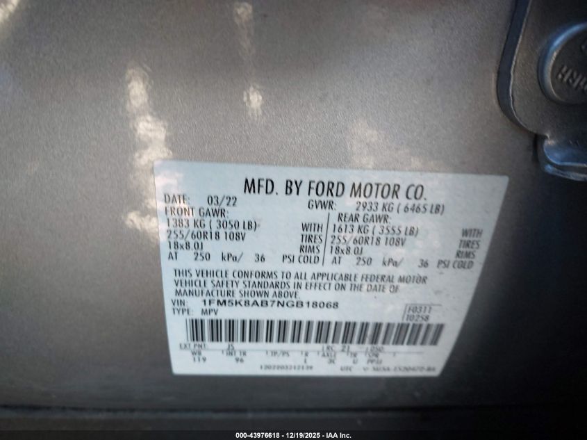 2022 Ford Police Interceptor Utility VIN: 1FM5K8AB7NGB18068 Lot: 43976618