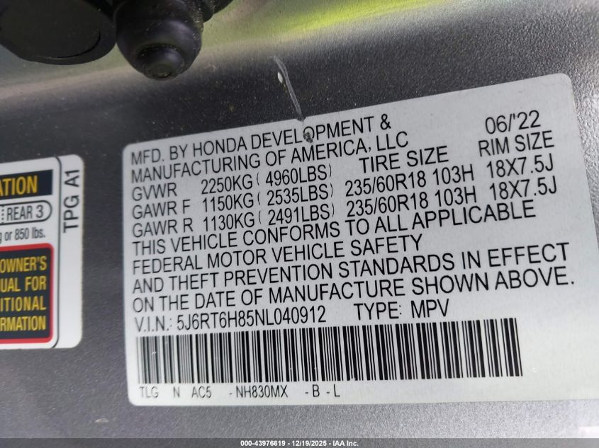 2022 Honda Cr-V Hybrid Ex-L VIN: 5J6RT6H85NL040912 Lot: 43976619