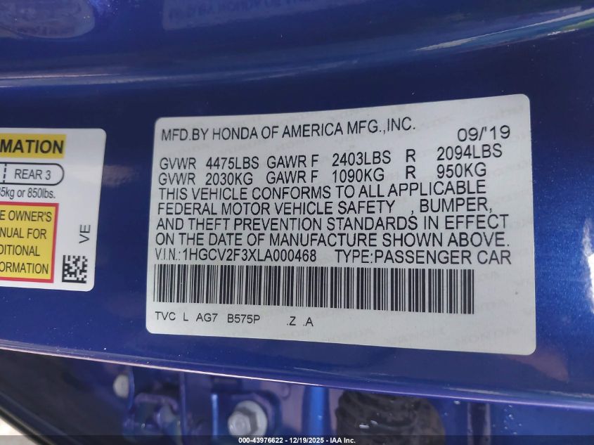 2020 Honda Accord Sport VIN: 1HGCV2F3XLA000468 Lot: 43976622
