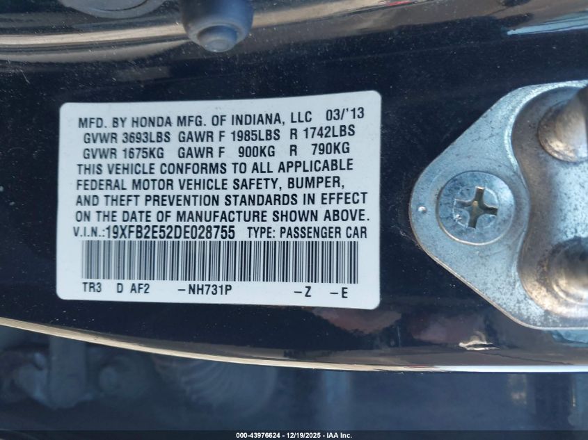 2013 Honda Civic Lx VIN: 19XFB2E52DE028755 Lot: 43976624