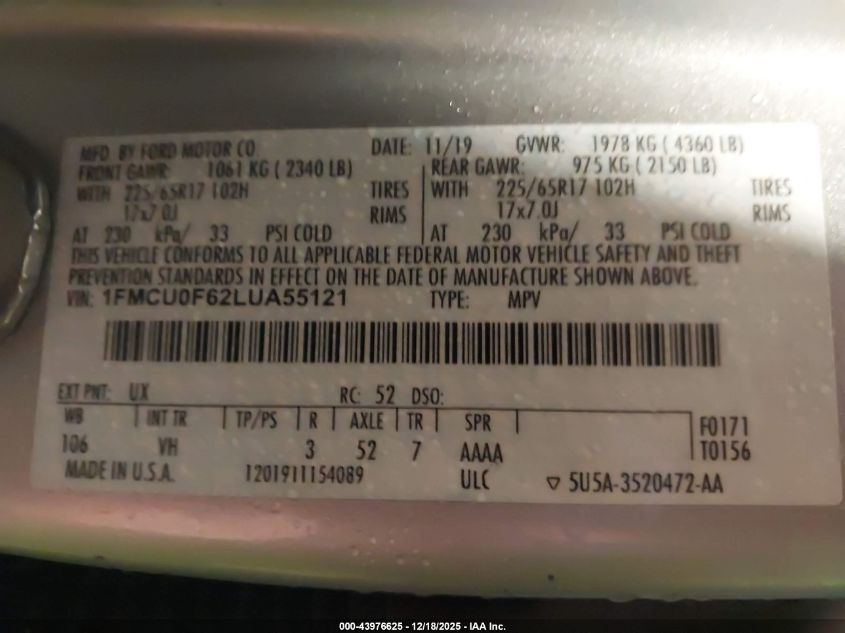 2020 Ford Escape S VIN: 1FMCU0F62LUA55121 Lot: 43976625