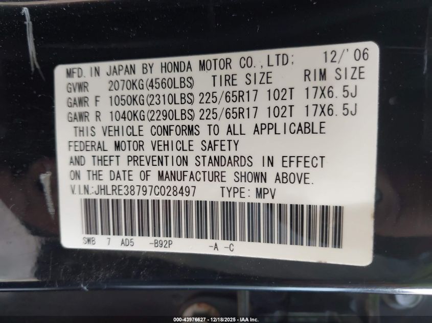 2007 Honda Cr-V Ex-L VIN: JHLRE38797C028497 Lot: 43976627