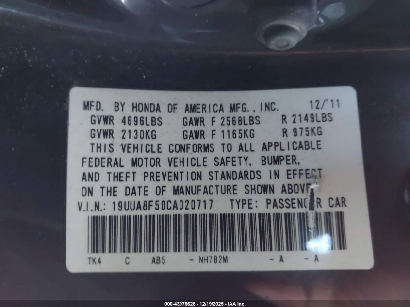 2012 Acura Tl 3.5 VIN: 19UUA8F50CA020717 Lot: 43976628