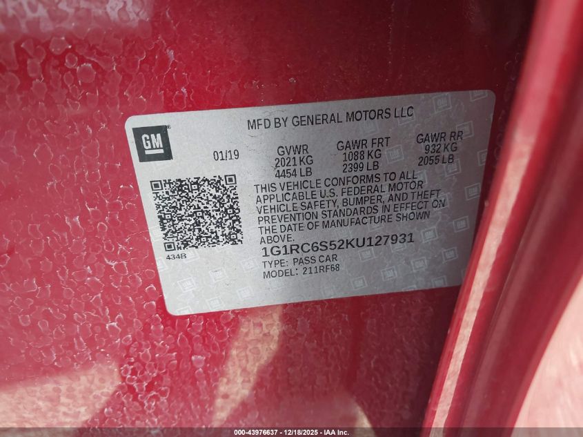 2019 Chevrolet Volt Lt VIN: 1G1RC6S52KU127931 Lot: 43976637