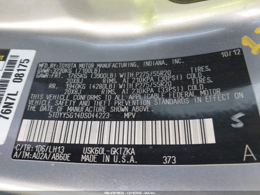 2013 Toyota Sequoia Platinum 5.7L V8 VIN: 5TDYY5G14DS044223 Lot: 43976638