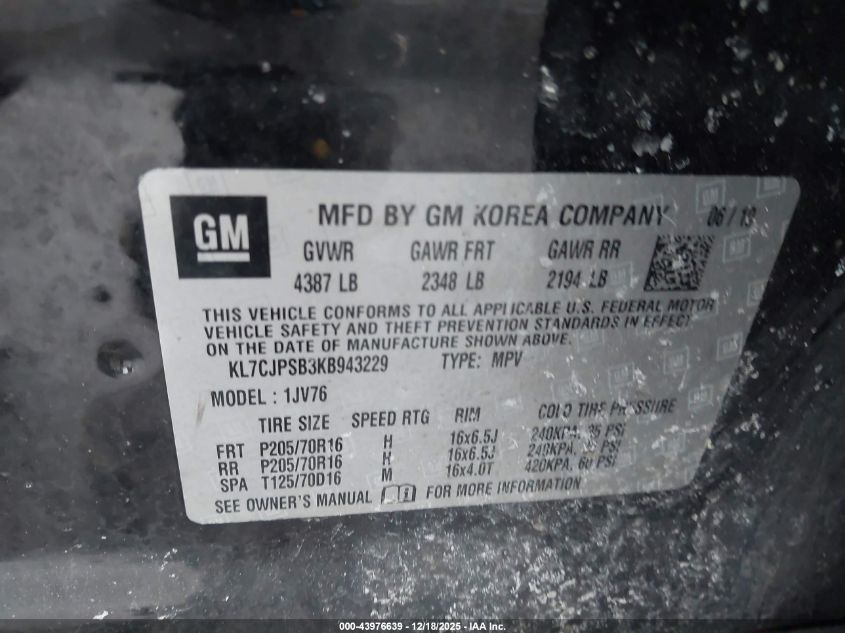 2019 Chevrolet Trax Lt VIN: KL7CJPSB3KB943229 Lot: 43976639