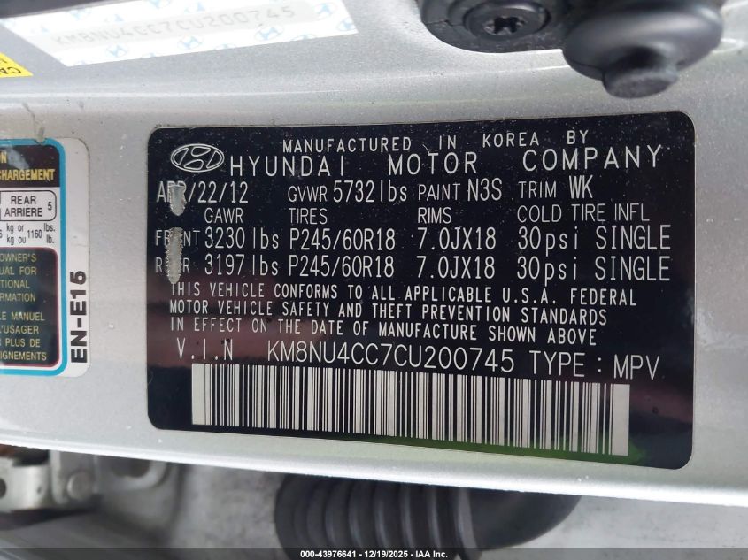 2012 Hyundai Veracruz Limited VIN: KM8NU4CC7CU200745 Lot: 43976641