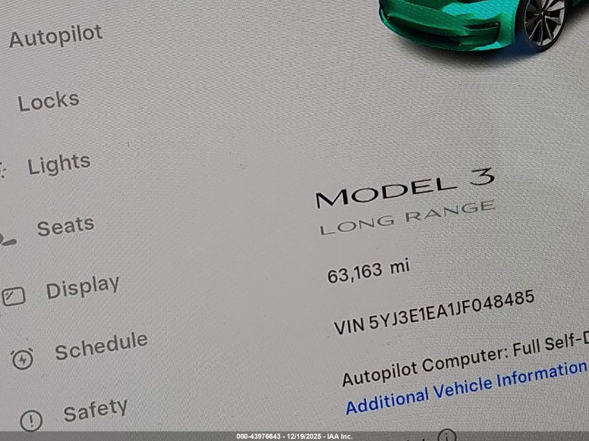 2018 Tesla Model 3 Long Range/Mid Range VIN: 5YJ3E1EA1JF048485 Lot: 43976643