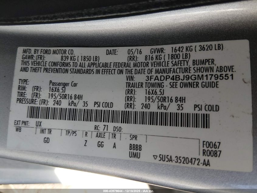 2016 Ford Fiesta Se VIN: 3FADP4BJ9GM179551 Lot: 43976644