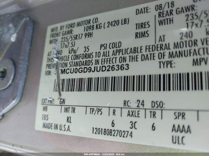 2018 Ford Escape Se VIN: 1FMCU0GD9JUD26363 Lot: 43976645