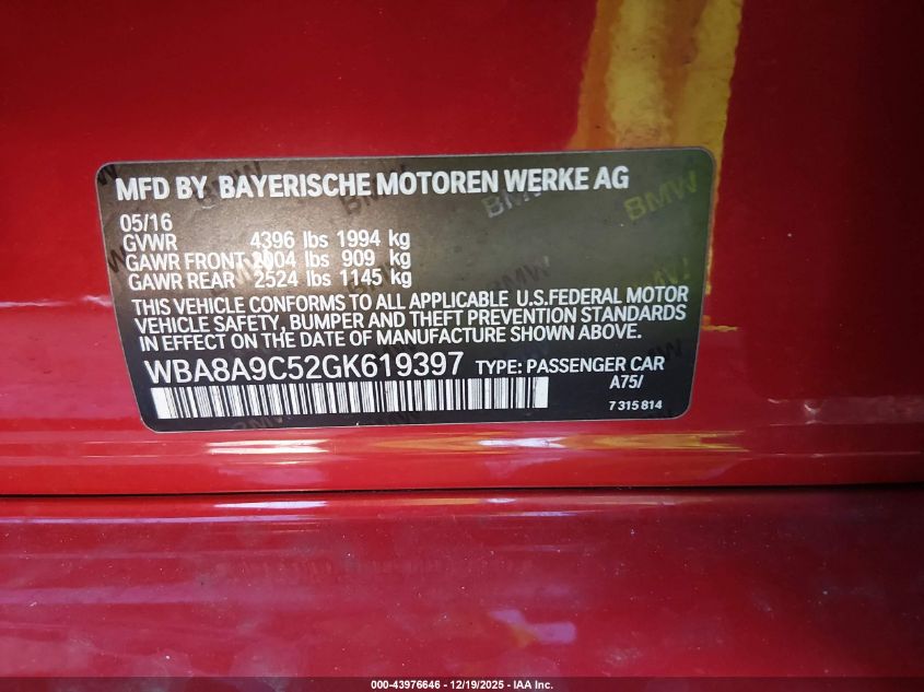 2016 BMW 320I VIN: WBA8A9C52GK619397 Lot: 43976646