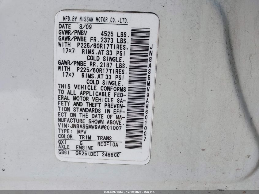 2010 Nissan Rogue Sl VIN: JN8AS5MV9AW601007 Lot: 43976650