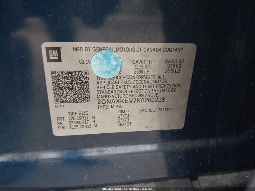 2019 Chevrolet Equinox Lt VIN: 2GNAXKEV7K6260218 Lot: 43976655