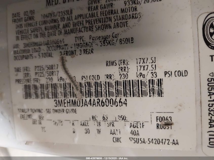 2010 Mercury Milan Premier VIN: 3MEHM0JA4AR600664 Lot: 43976656