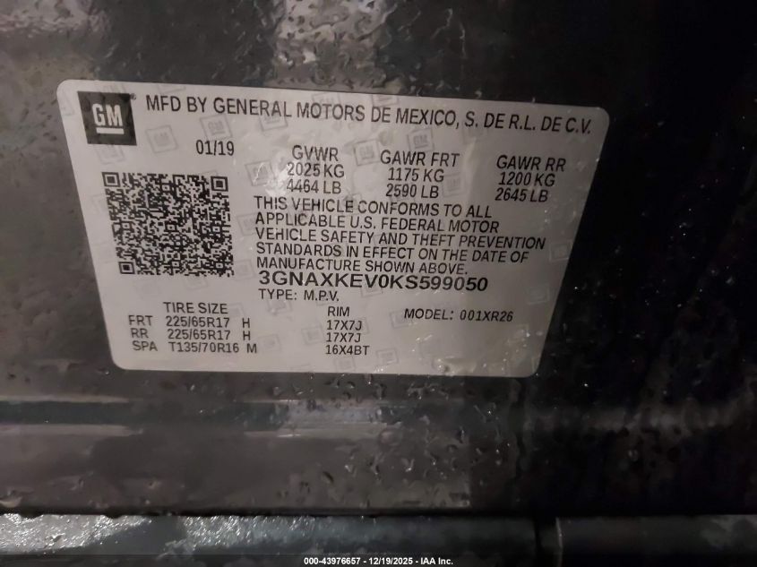 2019 Chevrolet Equinox Lt VIN: 3GNAXKEV0KS599050 Lot: 43976657