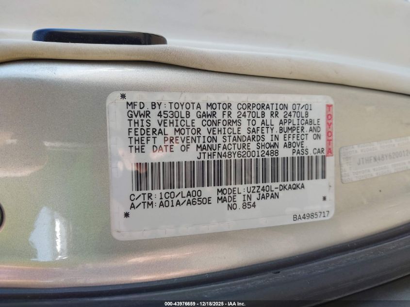 2002 Lexus Sc 430 VIN: JTHFN48Y620012488 Lot: 43976659