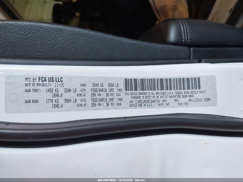 2015 Dodge Durango Sxt VIN: 1C4RDJAG3FC240714 Lot: 43976660