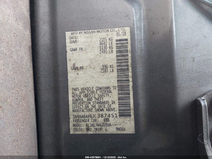 2018 Nissan Maxima 3.5 Sv VIN: 1N4AA6AP6JC387451 Lot: 43976661