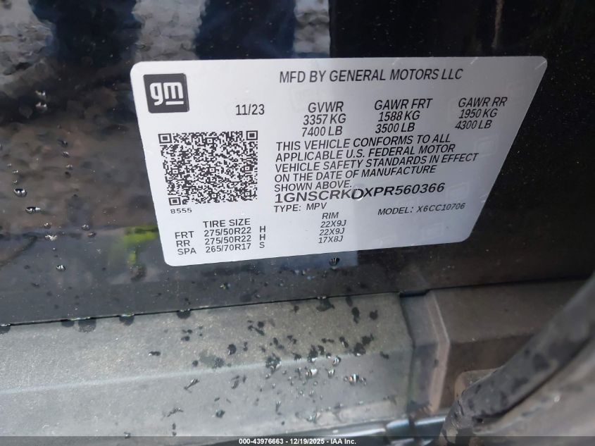 2023 Chevrolet Tahoe 2Wd Rst VIN: 1GNSCRKDXPR560366 Lot: 43976663