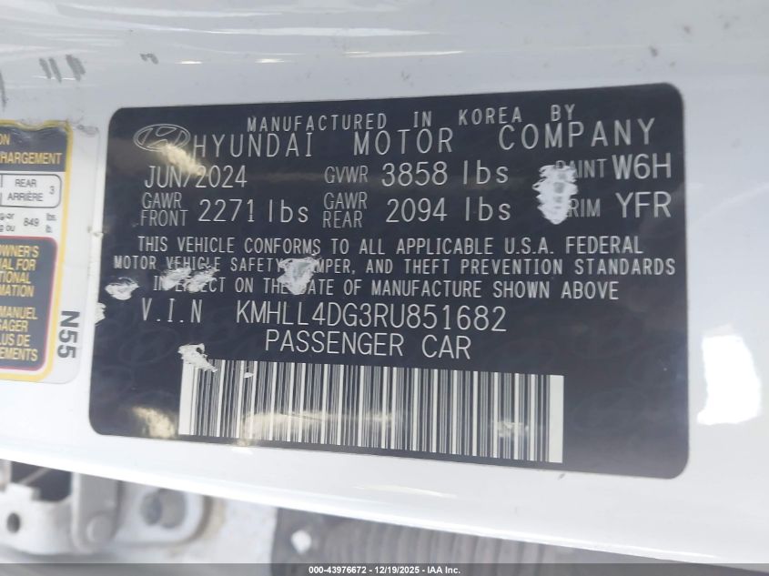 2024 Hyundai Elantra Se VIN: KMHLL4DG3RU851682 Lot: 43976672