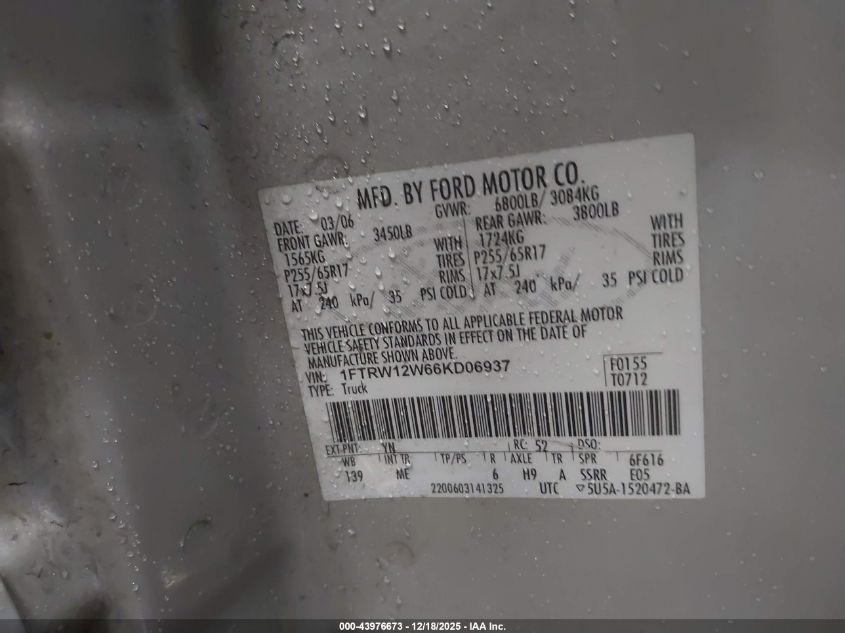 2006 Ford F-150 Xlt VIN: 1FTRW12W66KD06937 Lot: 43976673
