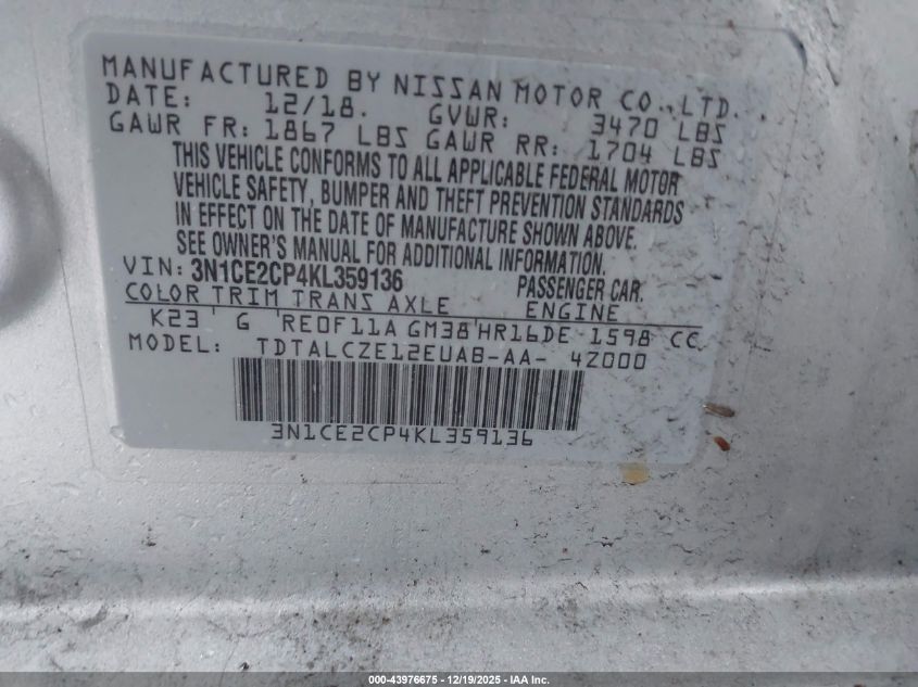 2019 Nissan Versa Note S VIN: 3N1CE2CP4KL359136 Lot: 43976675