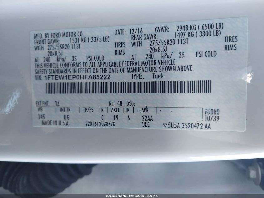 2017 Ford F-150 Xlt VIN: 1FTEW1EP0HFA85222 Lot: 43976676