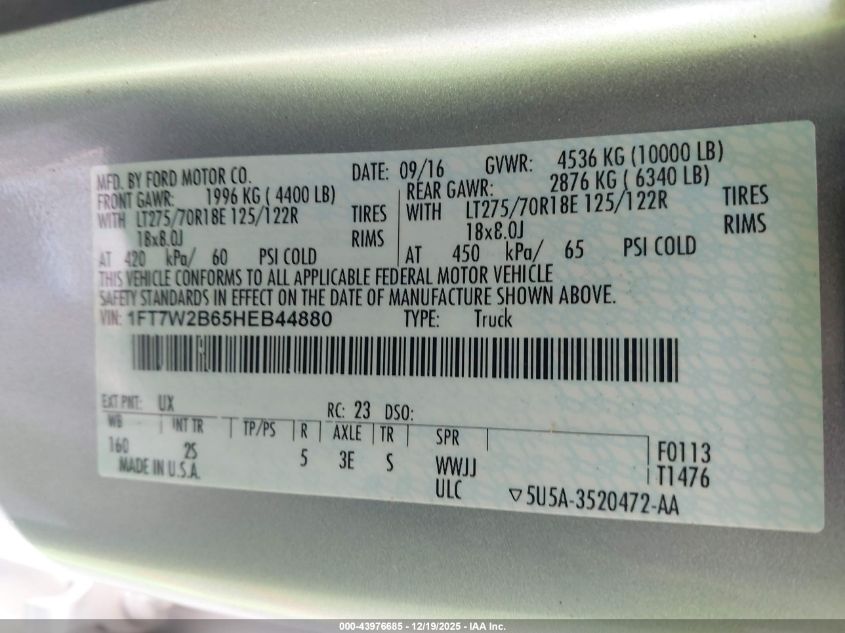 2017 Ford F-250 Xlt VIN: 1FT7W2B65HEB44880 Lot: 43976685