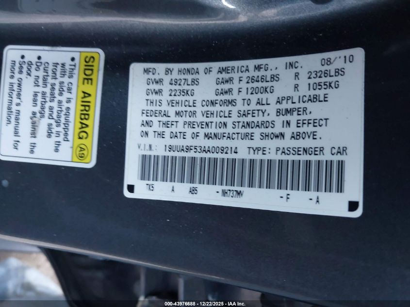 2010 Acura Tl 3.7 VIN: 19UUA9F53AA009214 Lot: 43976688