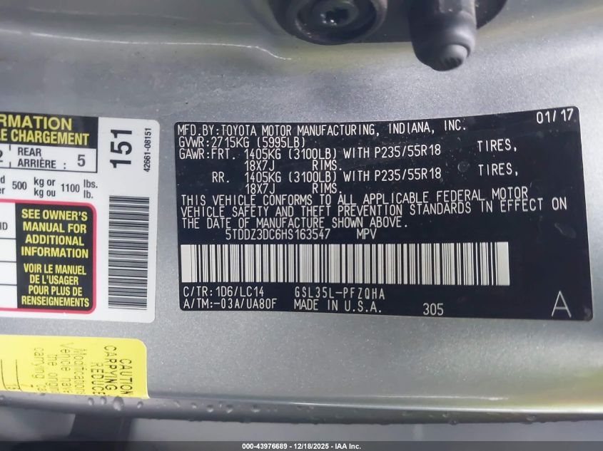 2017 Toyota Sienna Xle Premium 7 Passenger VIN: 5TDDZ3DC6HS163547 Lot: 43976689