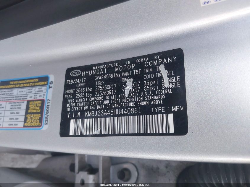 2017 Hyundai Tucson Se VIN: KM8J33A45HU440861 Lot: 43976691