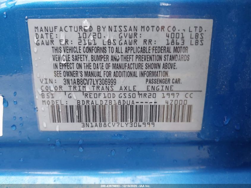 2020 Nissan Sentra Sv Xtronic Cvt VIN: 3N1AB8CV7LY306999 Lot: 43976693