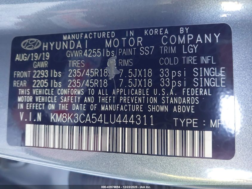 2020 Hyundai Kona Limited VIN: KM8K3CA54LU444311 Lot: 43976694