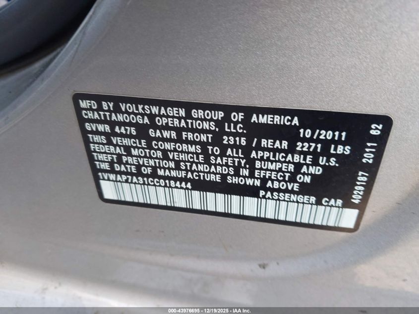 2012 Volkswagen Passat 2.5L S VIN: 1VWAP7A31CC018444 Lot: 43976695