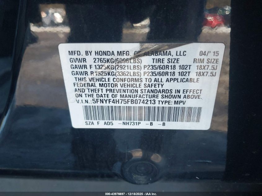 2015 Honda Pilot Ex-L VIN: 5FNYF4H75FB074213 Lot: 43976697