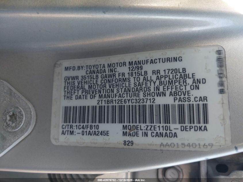 2000 Toyota Corolla Ce VIN: 2T1BR12E6YC323712 Lot: 43976702